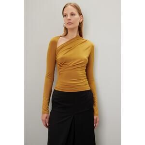 Lapointe Jersey Ruched Mustard Yellow Long Sleeve Asymmetric Top Size 10